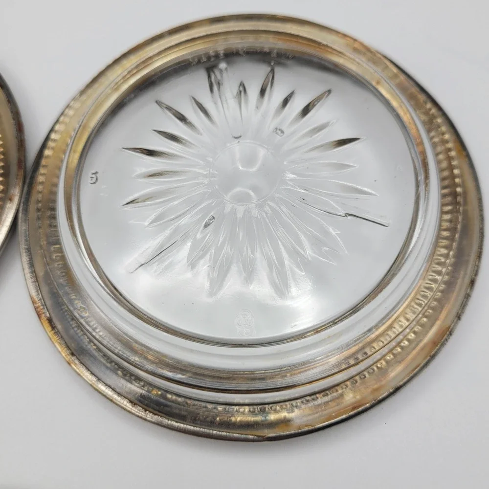 Leonard Silverplate Glass Coasters Set of 3 Made in Italy Sunburst Beaded Rim